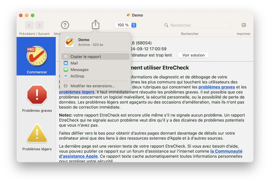 Si vous avez besoin d’assistance, partagez votre rapport sur l’internet