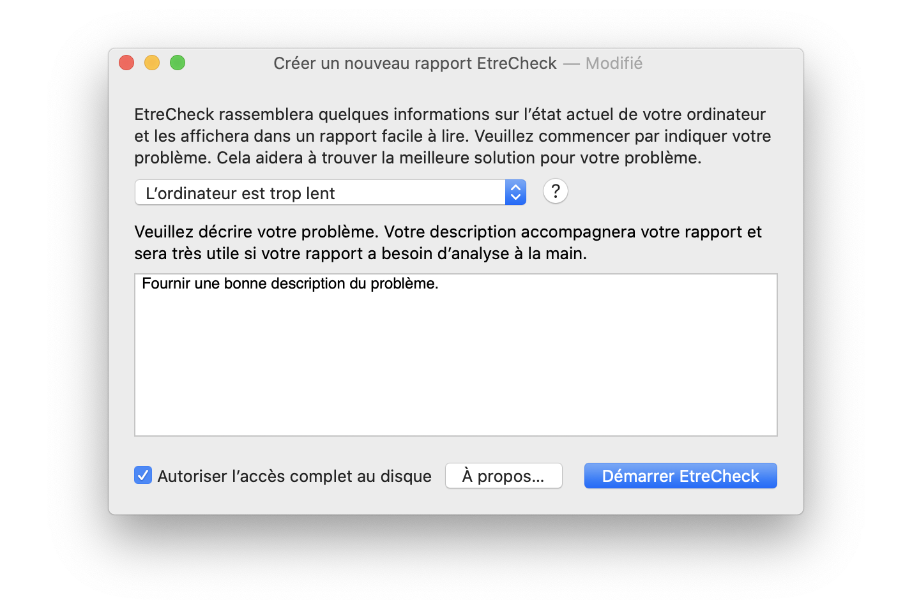 Choisissez un problème, ajoutez une description, et démarrez votre rapport